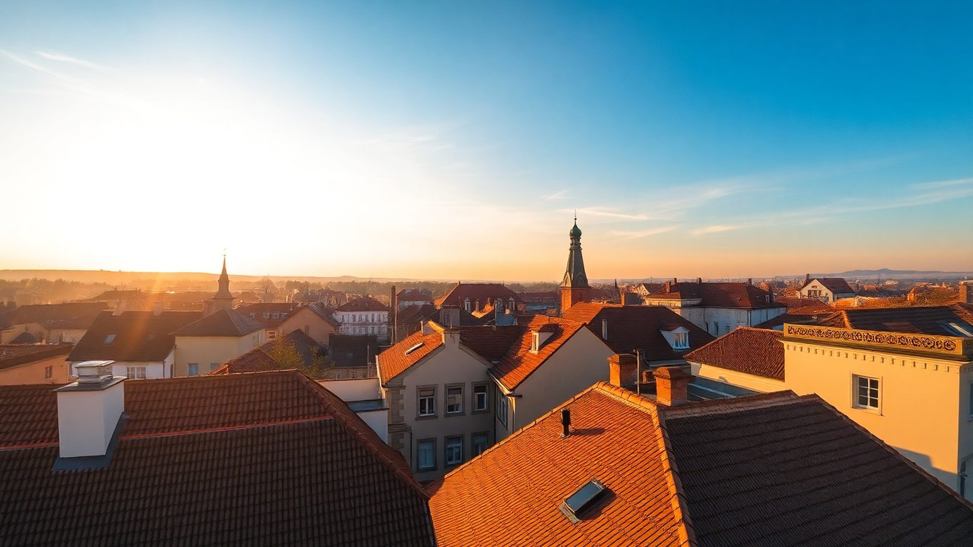 Panorama brněnských střech ve zlatavém světle podvečera